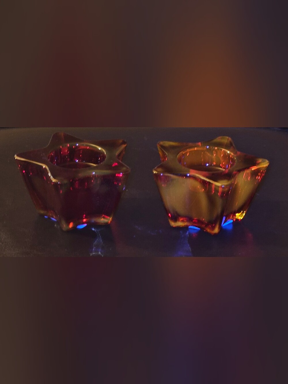 Libbey Red Amber Star Glass Tealight Holders - Pair